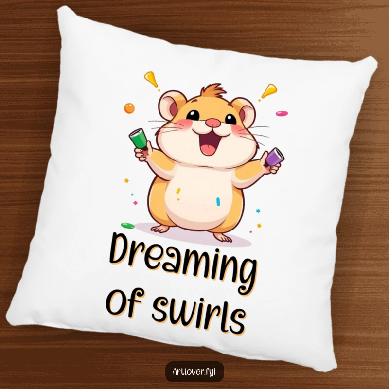 Funny hamster pillow featuring an excited hamster character juggling colorful paint tubes. Soft, comfortable, and humorously artistic home decor.