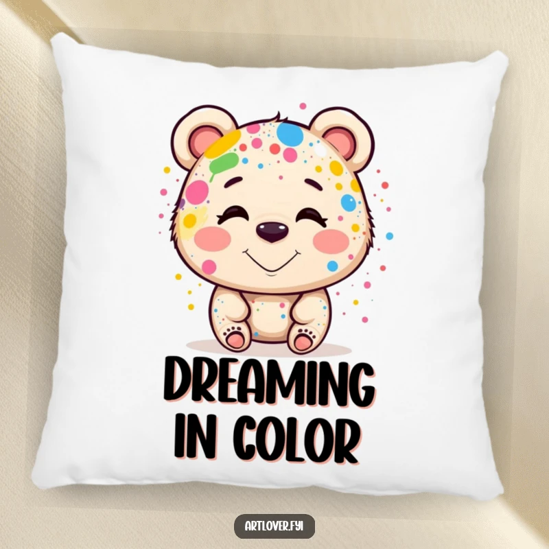 Funny Pillow: A smiling bear artist with paint splatters as cheek marks, looking cheerful and artistic, a cozy funny gift.