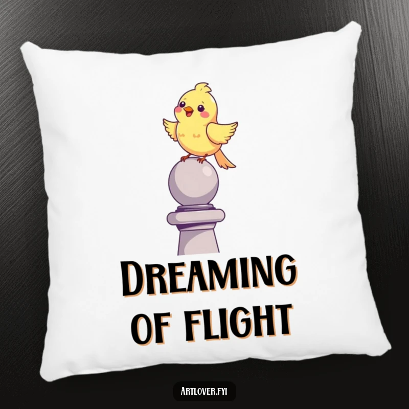 Funny happy bird pillow, perched on a sculpture, chirping merrily, adding soft comfort and cheer.