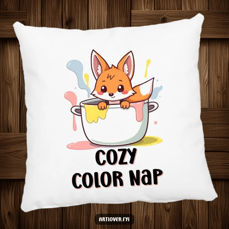 Funny Fox Artist Pillow: Curious fox character peeking out from a giant paint pot, soft and artistically inspired.