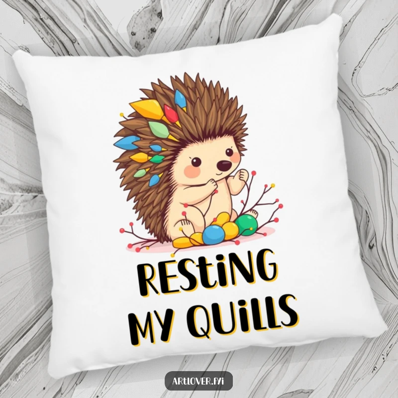 Funny pillow showcasing a hedgehog artist focused on building a sculpture with twigs, adding a touch of art and comfort.