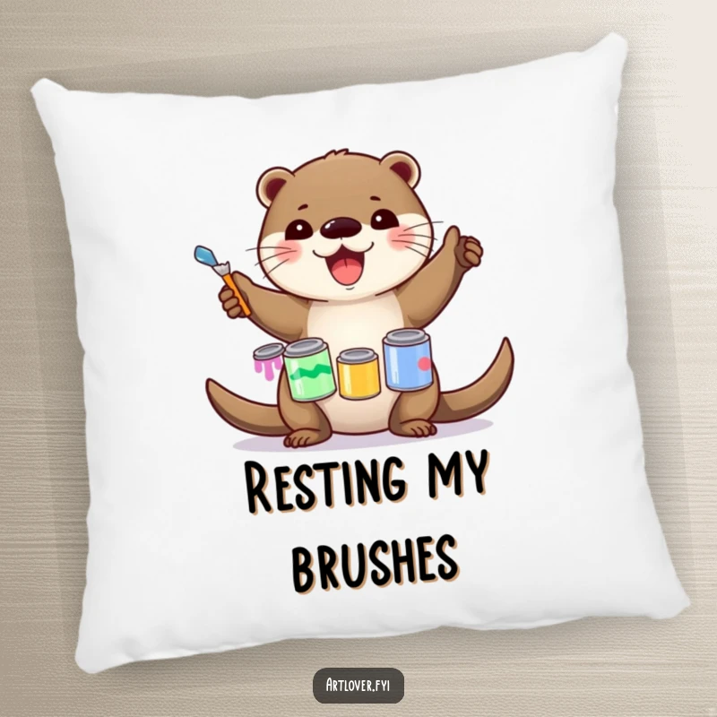 Funny Pillow: A delighted otter artist smiling with paint cans artfully arranged, creating a funny and inviting decor piece, great gift.