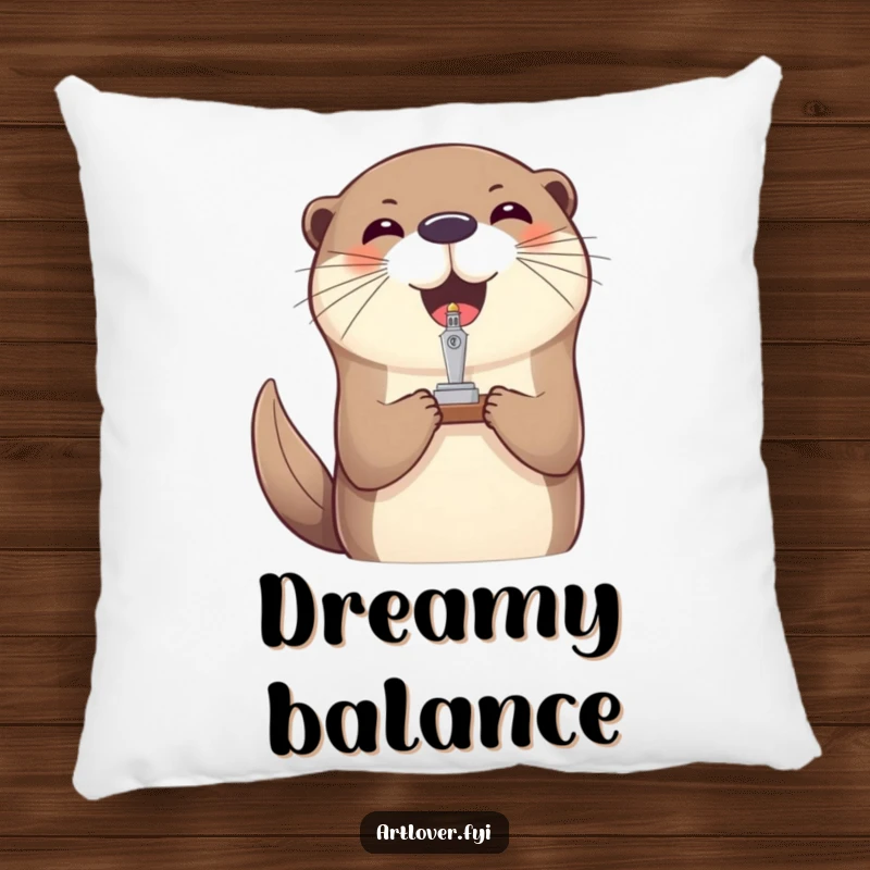 Funny otter balance pillow, a plush cushion depicting a joyful otter balancing a small sculpture on its nose.