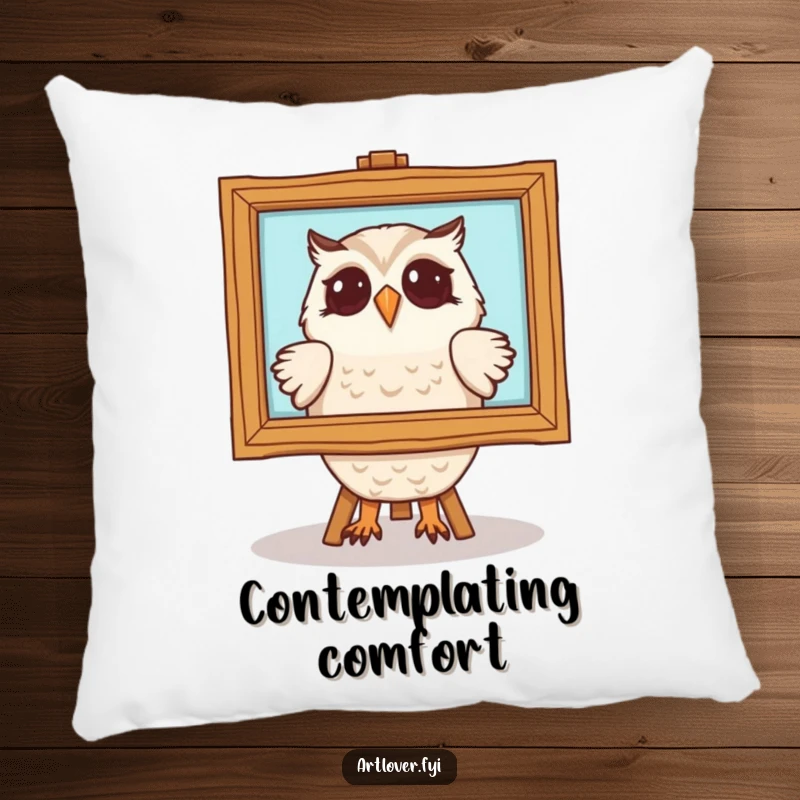 Funny owl pillow featuring a delighted owl character admiring a framed painting. Soft, comfortable, and humorously artistic home decor.