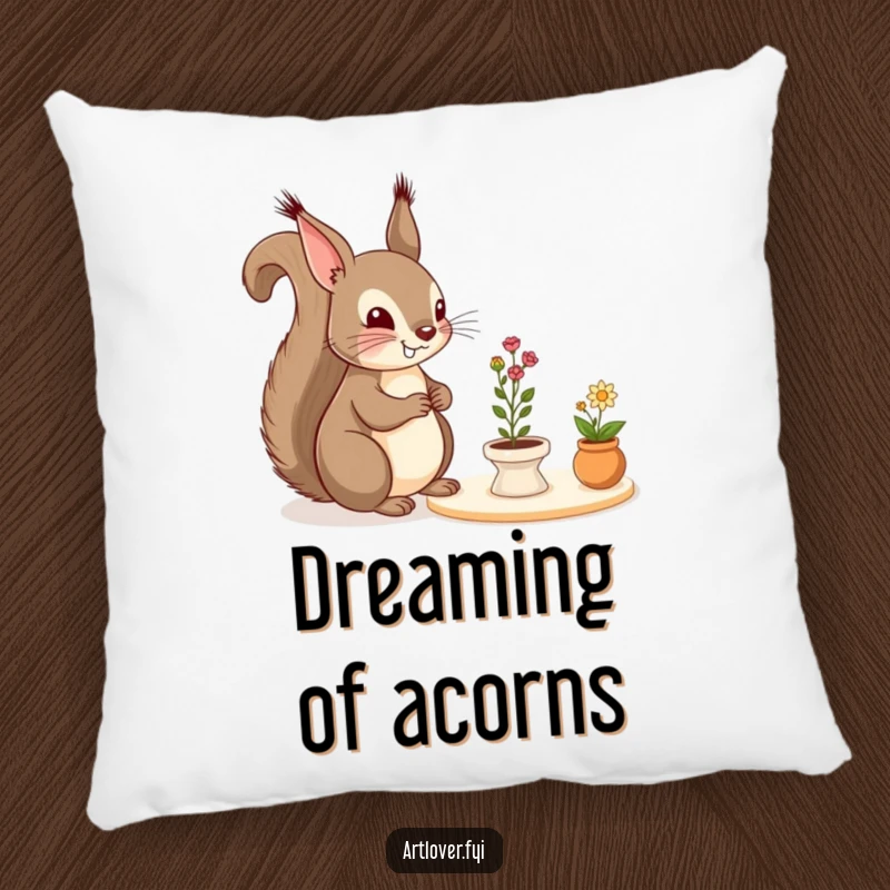 Funny Pillow: A cheerful squirrel admires a tiny still life, offering cozy comfort and a delightful artistic touch to any room.