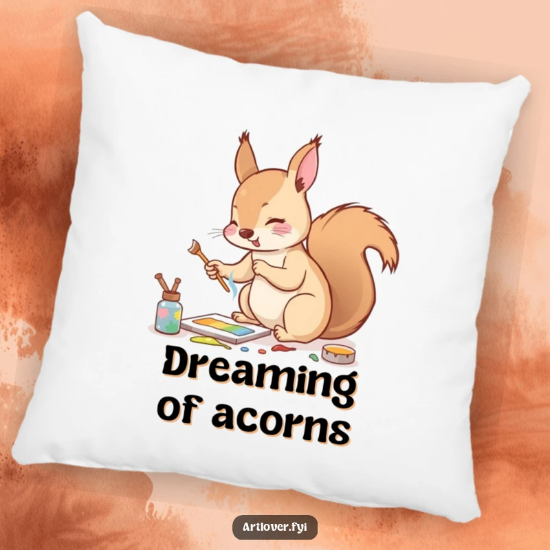 Funny pillow featuring an enthusiastic squirrel mixing paints with a tiny twig, adding humorous artistic comfort.