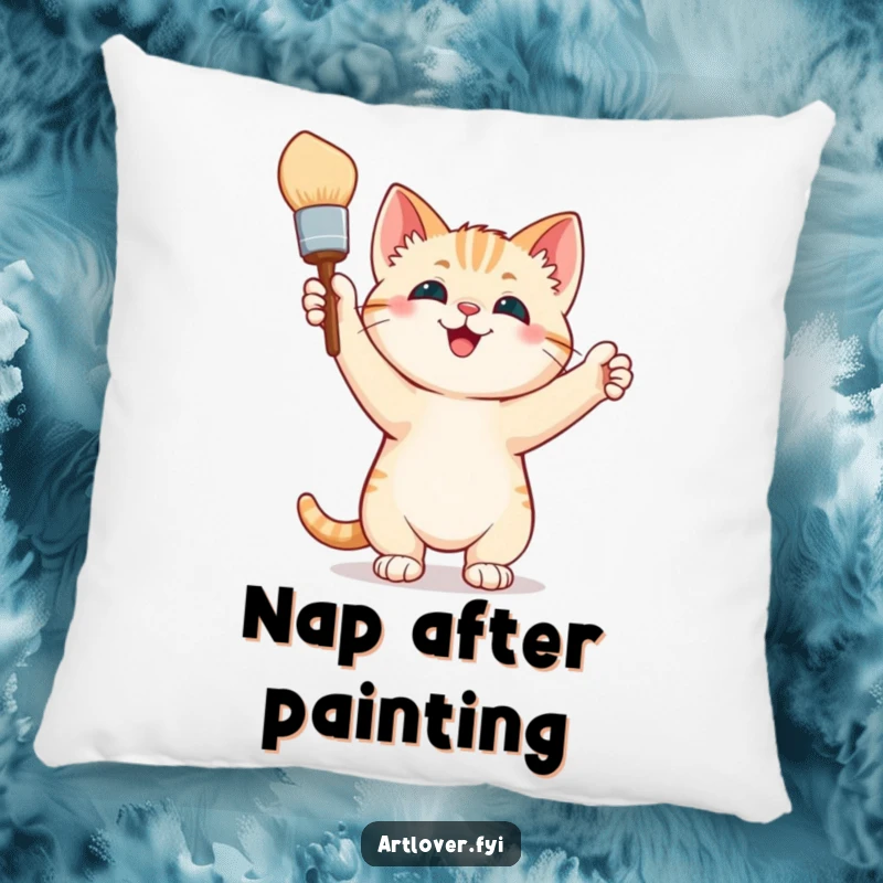 Funny Pillow: A happy, triumphant kitten clutches a paintbrush, bringing artistic joy and cozy comfort to any room with its adorable pose.