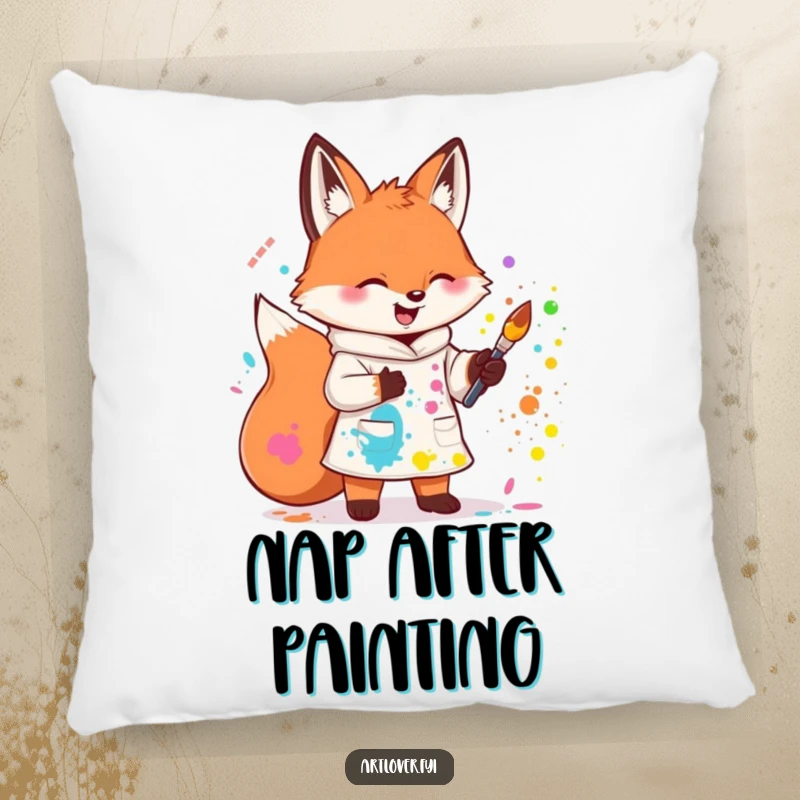 Funny pillow with a cute fox artist splattering paint, offering comfort and a creative theme. A delightful decorative item.