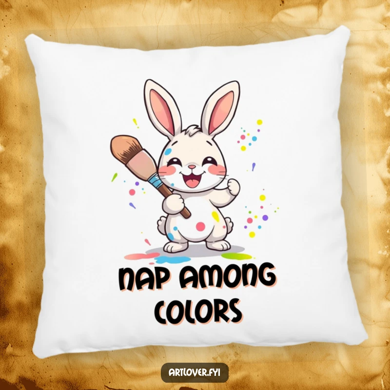 Funny Rabbit Artist Pillow: Joyful rabbit character splattering colorful paints with a large paintbrush, soft and huggable.