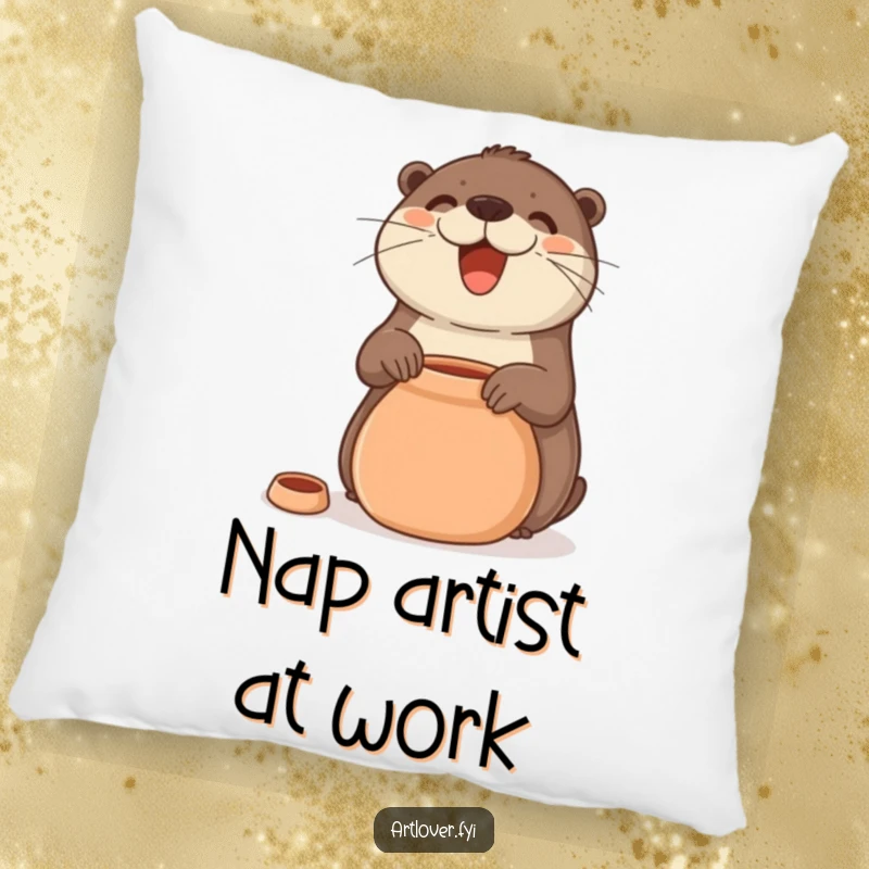 Funny Pillow featuring a smiling otter diligently making a clay pot, offering comfort and a touch of artistic humor.