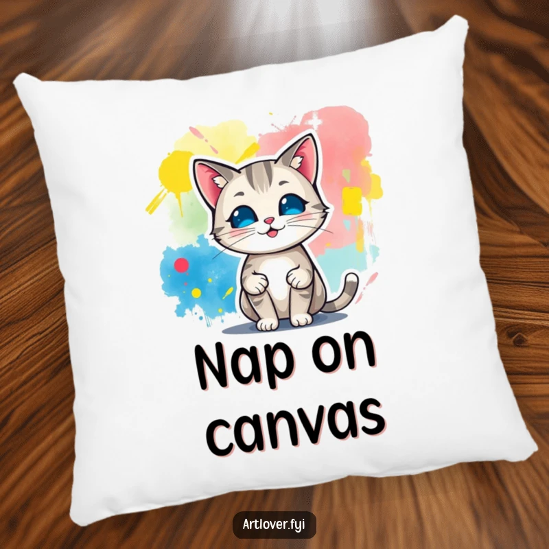 Funny pillow featuring a cat artist proudly displaying a colorful abstract painting, adding a touch of artistic humor and comfort to any space.