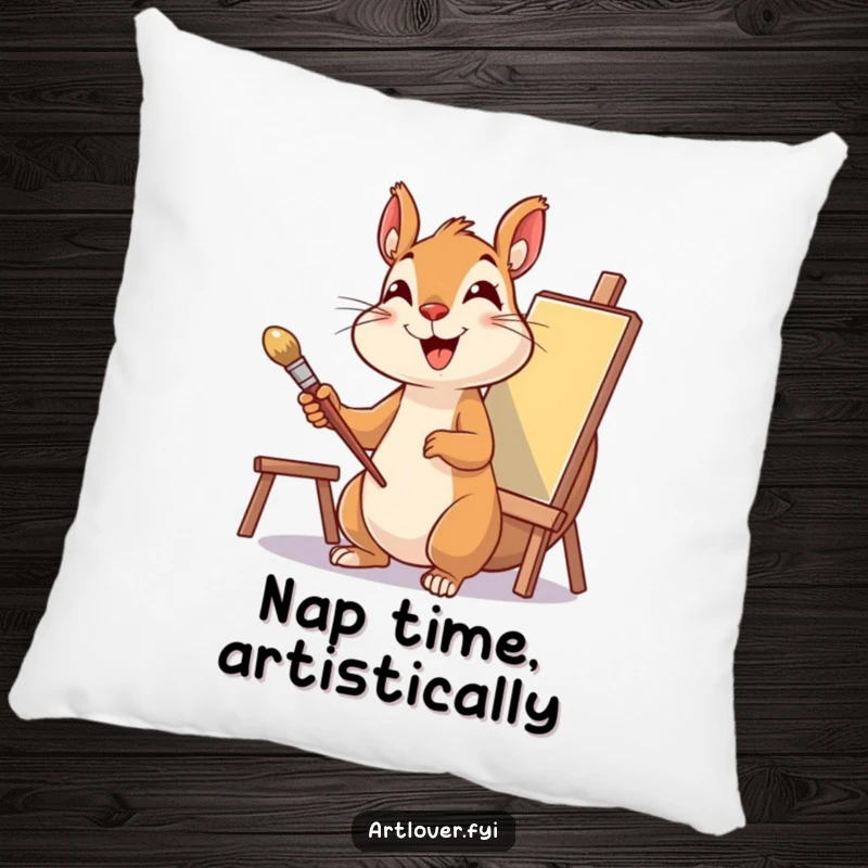 Funny Squirrel Artist Pillow featuring a delighted squirrel with a paintbrush and canvas, offering soft, artistic comfort.