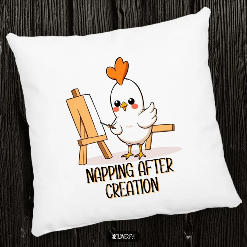 Funny Pillow: A cheerful chicken artist with paint on its beak and feathers, looking artistic and cozy, a funny decor piece, great gift.