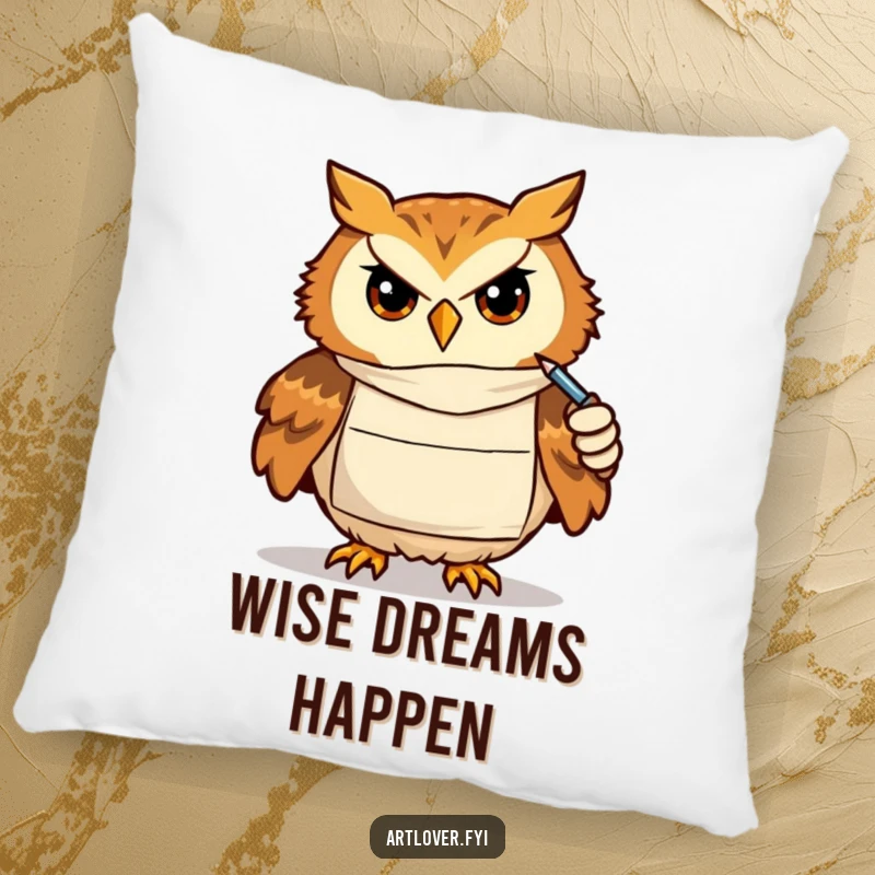 Funny pillow featuring a determined owl artist wearing a smock, engrossed in drawing, adding artistic focus and cozy charm.