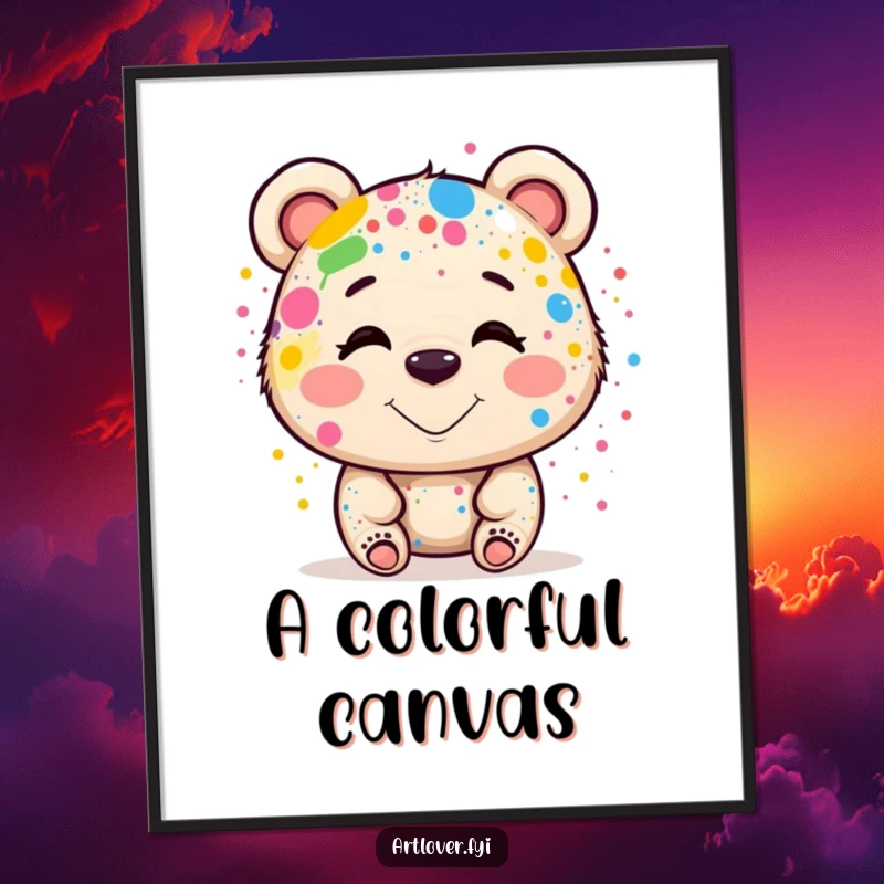 Funny Digital Art Print: A smiling bear artist covered in rainbow paint splatters, looking joyful and ready to create, great funny gift.