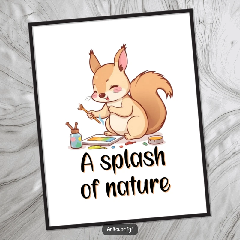 Funny digital art print of an enthusiastic squirrel mixing paints with a tiny twig, a vibrant celebration of art.