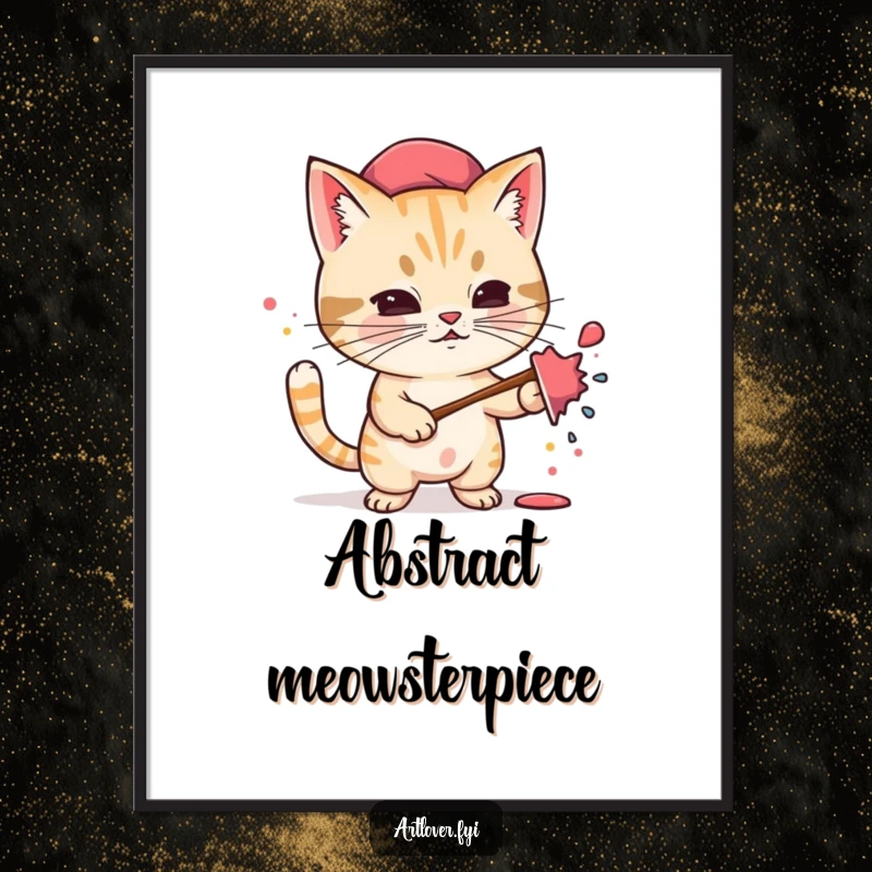 Funny digital art print of a small, determined cat artist in a beret, enthusiastically splattering paint, for instant wall decor.