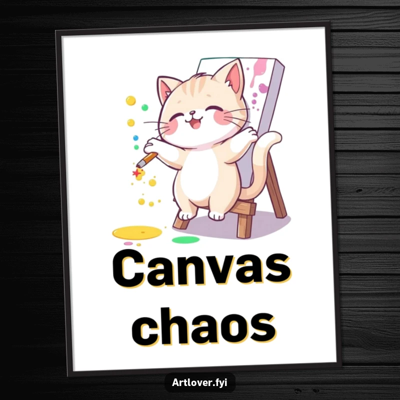 Funny cat digital art print of a joyful artist cat splattering paint on a canvas. Instant, humorous wall decor for art lovers.