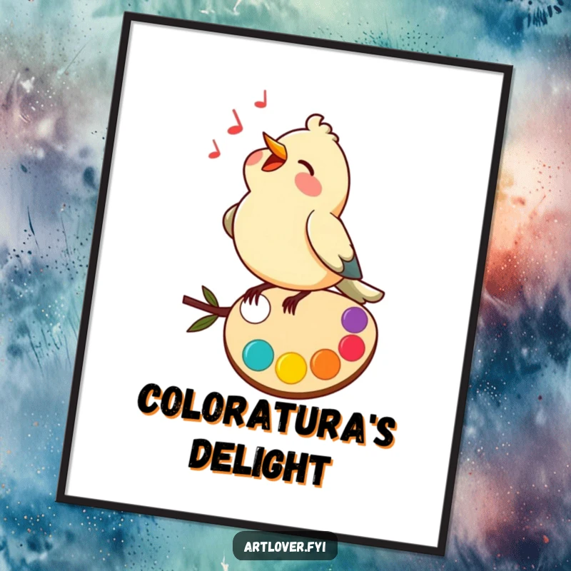 Funny digital art print of a bird happily singing on a colorful palette, a vibrant celebration of art and music.