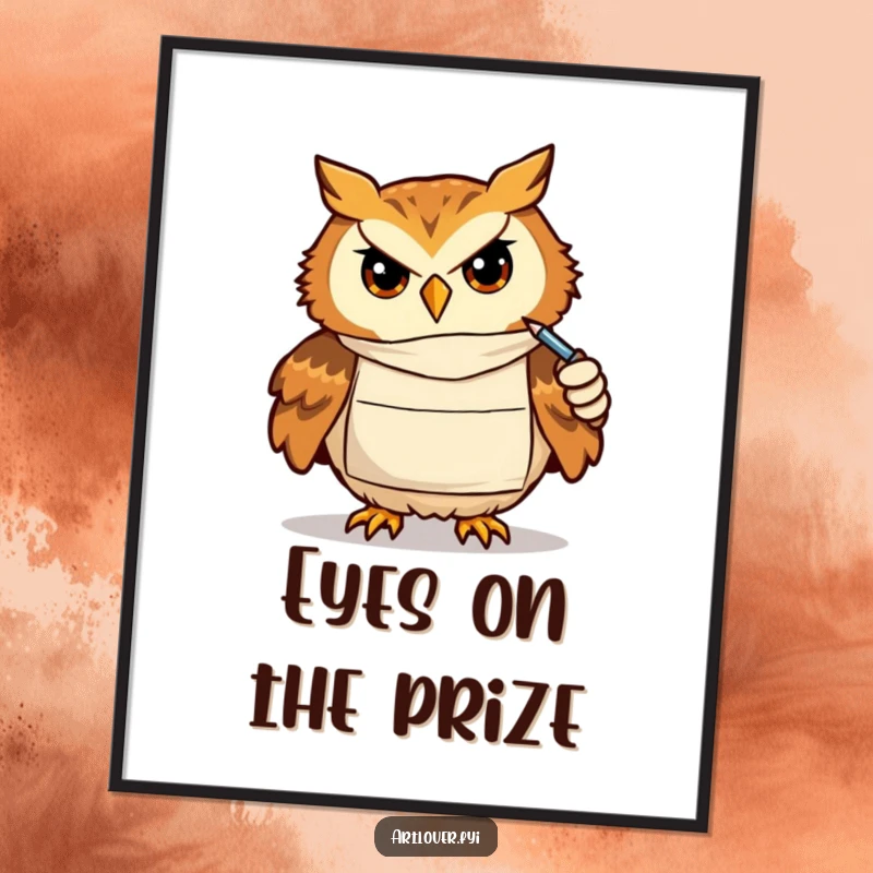 Funny digital art print of a determined owl artist wearing a smock, drawing with intense concentration, ready for printing.