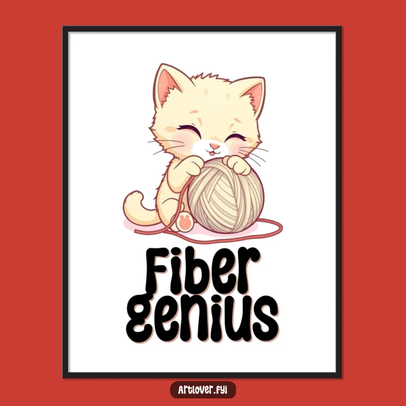 Funny Kitten Sculpting Yarn Digital Art - Instant Whimsical Wall Decor