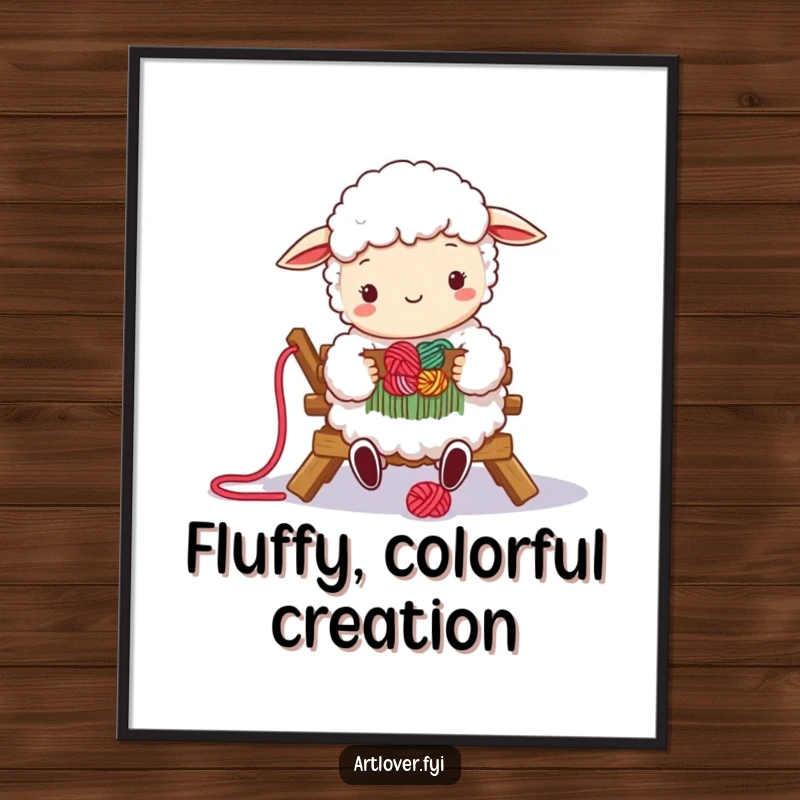 Funny digital art print of a fluffy sheep happily weaving colorful yarn on a loom, ready for instant download and printing.
