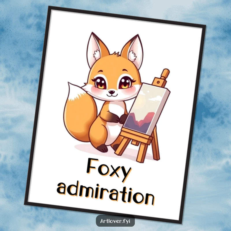 Funny fox art admirer digital print, a downloadable artwork of a curious fox intently observing a colorful masterpiece.