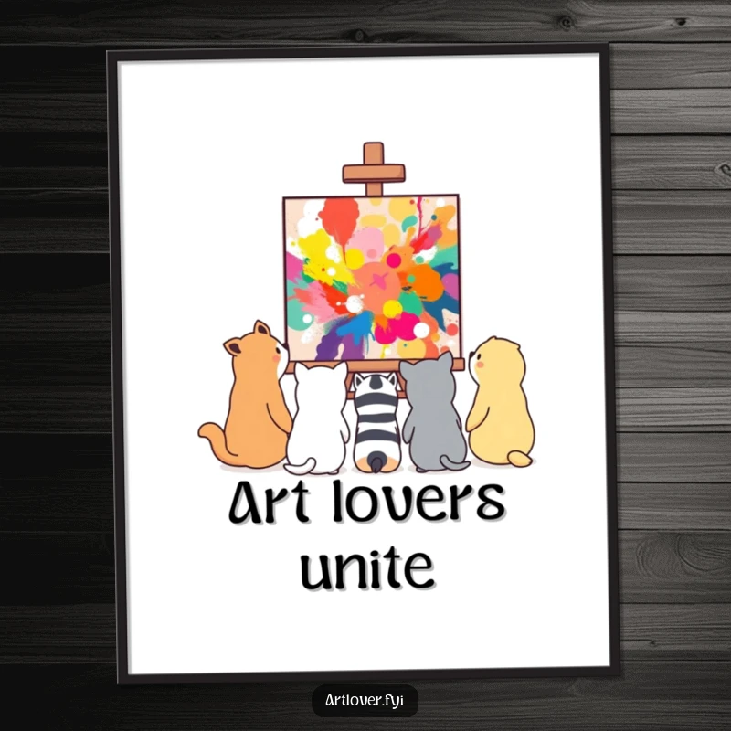 Funny group of animals gazing in admiration at a vibrant, abstract painting, a humorous digital art print.