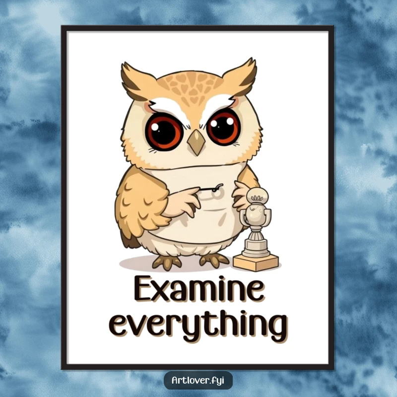 Funny digital art print of a curious owl wearing a smock, examining a tiny sculpture, whimsical and wise.