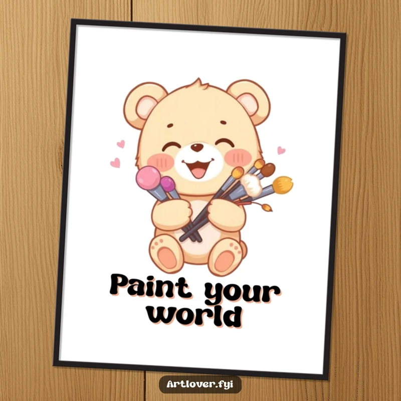 Funny digital art print of a joyful bear cub holding a bouquet of paint brushes, celebrating art and happiness.