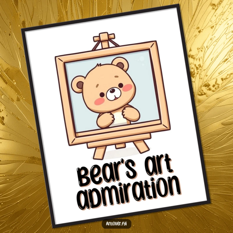 Funny Bear Cub Art Digital Print of a smiling cub sighing at a framed painting, for instant humorous art appreciation.