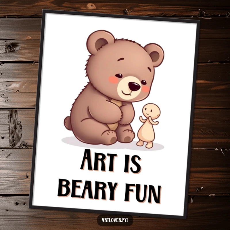 Funny Bear Cub Artist Digital Art: A playful bear cub admiring abstract clay art, perfect for instant download and humorous decor.