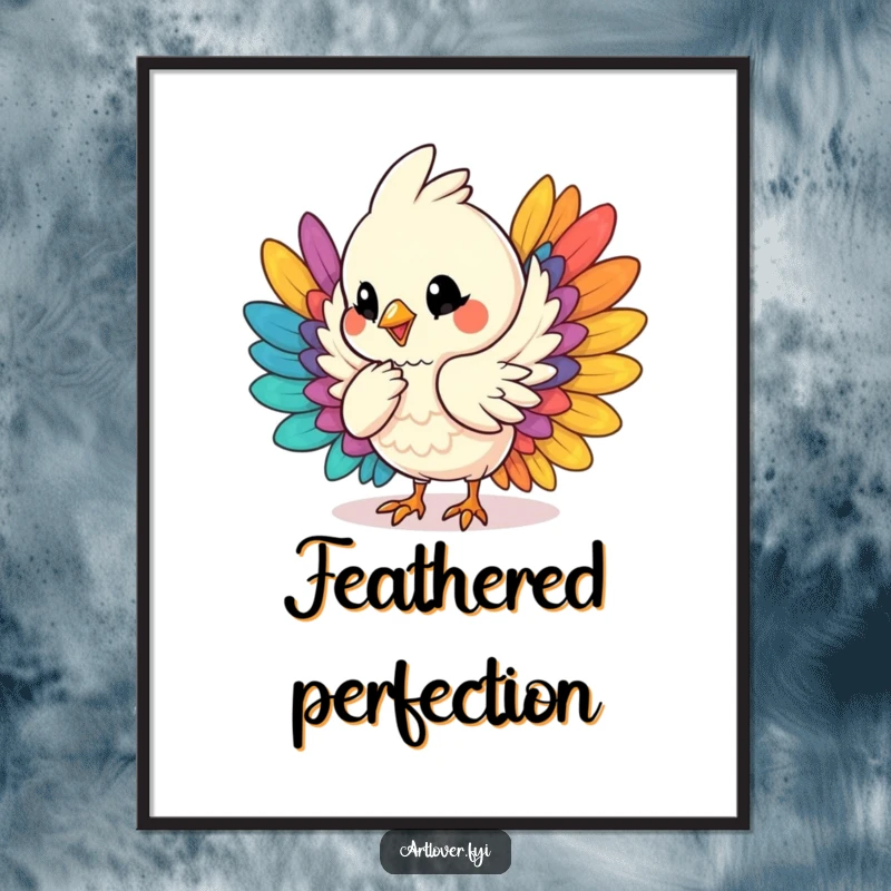 Funny digital art print of a bird character humming and arranging a pile of colorful feathers, a whimsical and artistic piece for home decor.