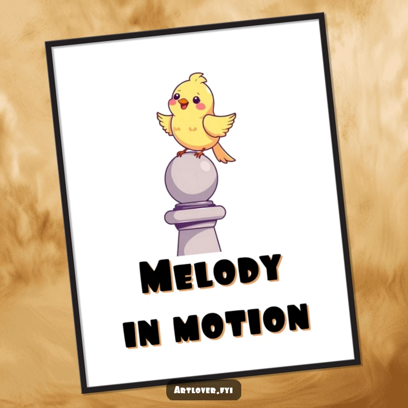 Funny happy bird digital art, perched on a sculpture, singing merrily, perfect for instant wall decor.