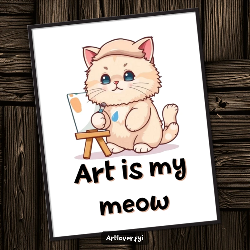 Funny Cat Artist Digital Art: A beret-wearing cat artist dabs paint, perfect for instant download and humorous wall decor.