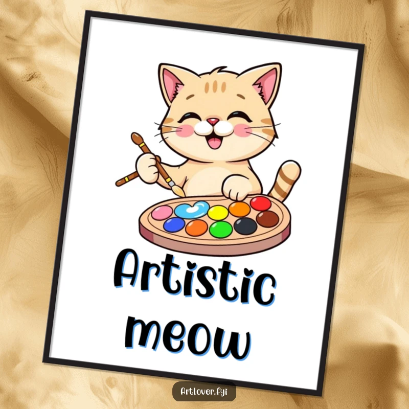 Funny Cat Artist Digital Art Print showing a happy cat with a paintbrush and palette, perfect for instant artistic decor and humor.