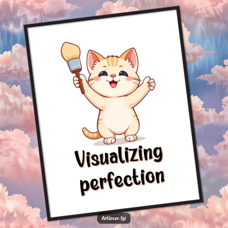 Funny Digital Art Print: A triumphant kitten proudly holds a paintbrush, showcasing artistic achievement and infectious joy in a vibrant illustration.