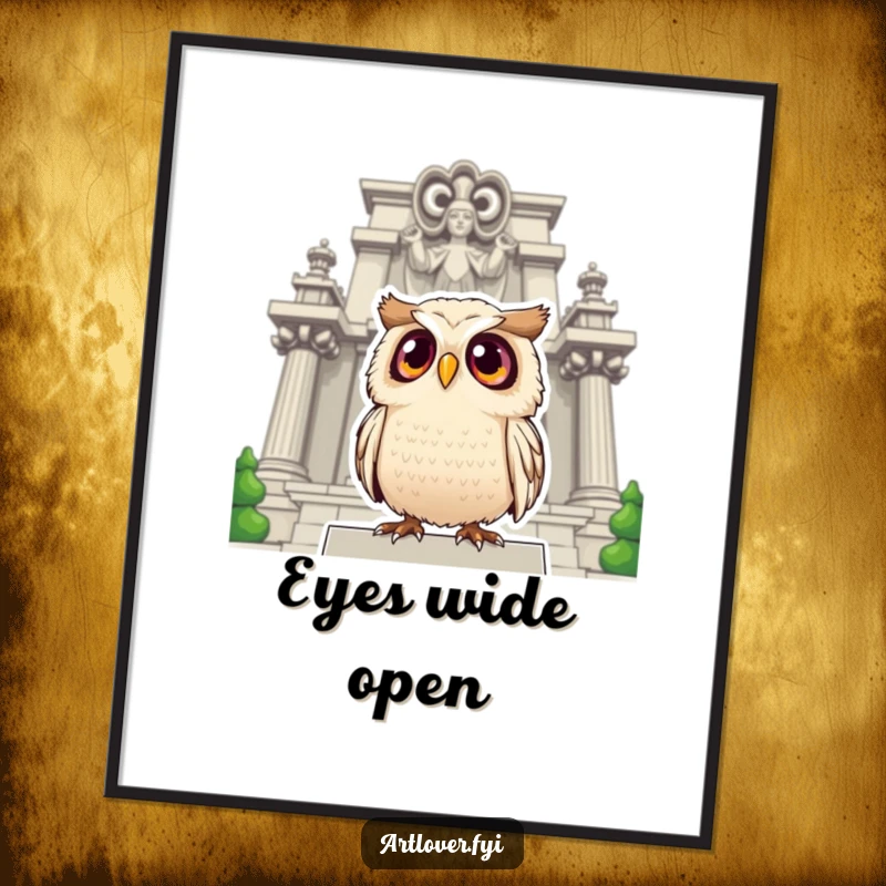 Funny owl digital art print of a surprised owl with large eyes looking up at a grand statue, for instant decor.