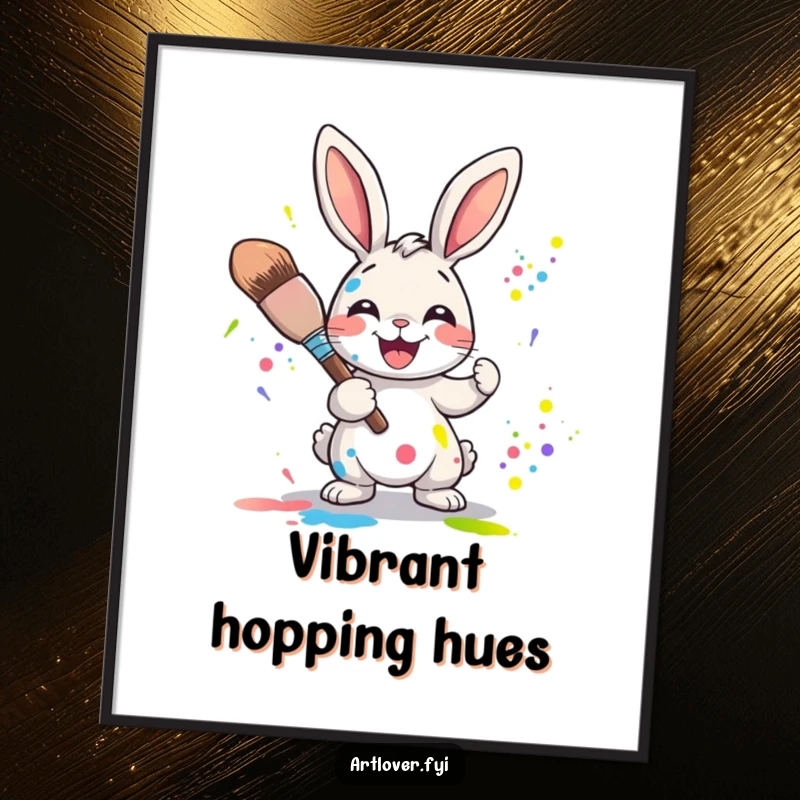Funny Rabbit Artist Digital Art Print: High-quality image of a joyful rabbit character splattering vibrant colors with a large paintbrush.