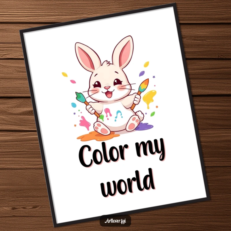 Funny Rabbit Painter Digital Art: A happy rabbit artist mixing paints with its paws, perfect for instant download and humorous decor.