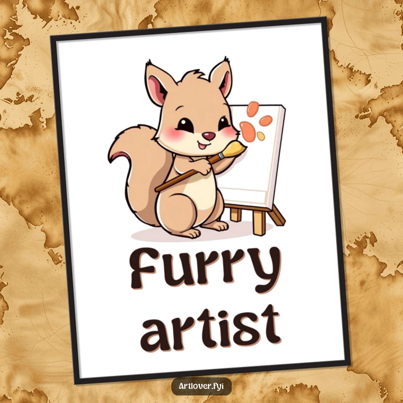 Funny digital art print of a playful squirrel character, paintbrush in paw, carefully dabbing at a canvas, for instant decor.