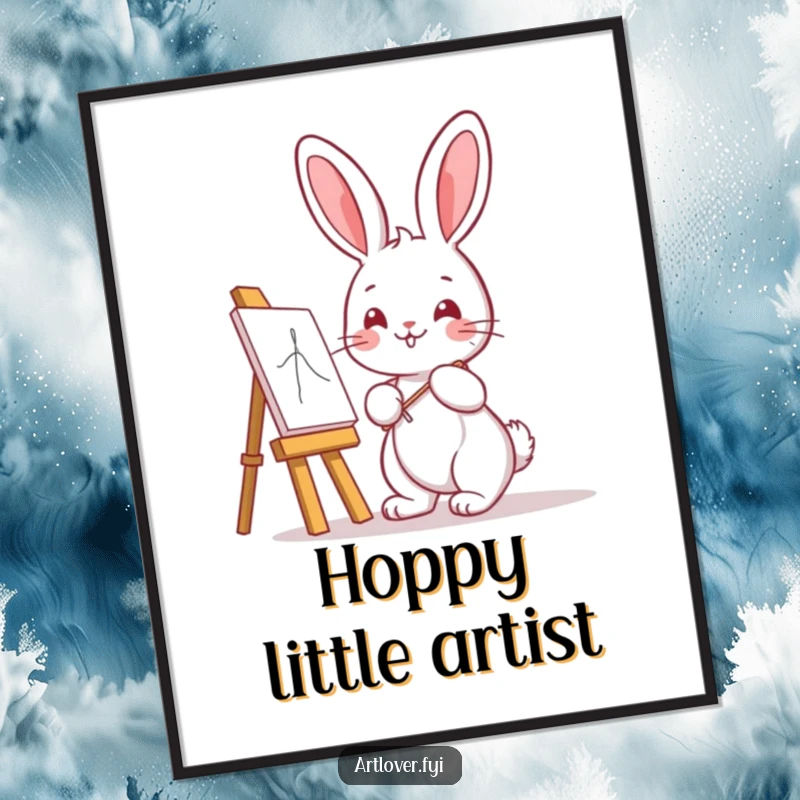 Funny Bunny Artist Digital Art Print showing a cute kawaii bunny with an easel, perfect for instant artistic decor and charm.