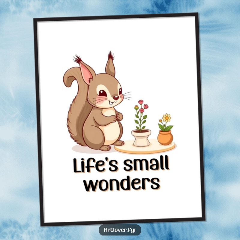 Funny Digital Art Print: A cheerful squirrel observes a miniature still life arrangement with genuine admiration, radiating playful artistic interest.