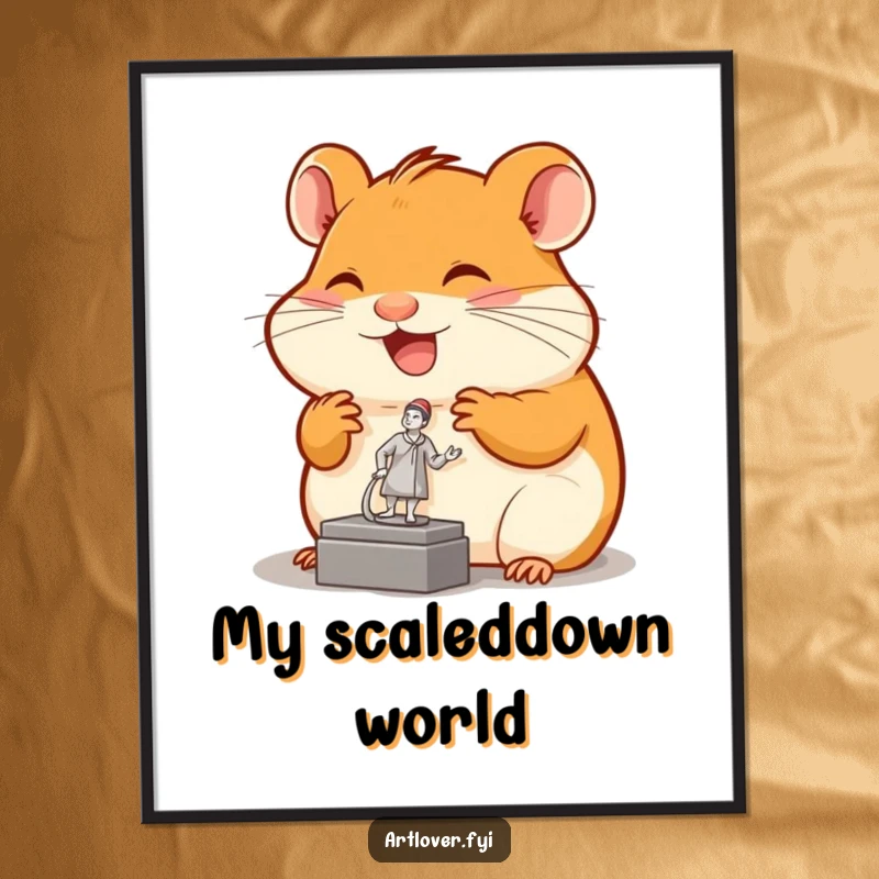 Funny hamster digital art print of a joyful rodent admiring a tiny sculpture, for instant artistic and humorous decor.