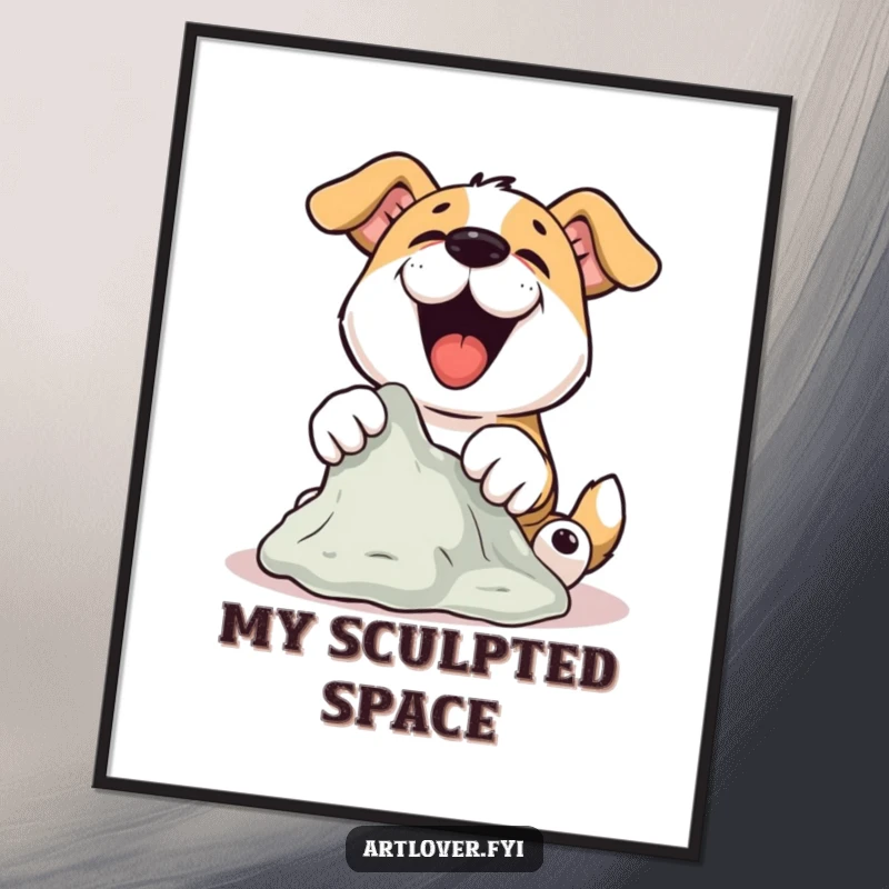 Funny Dog Sculptor Digital Art Print of a dog joyfully sculpting clay with its paws, ready for instant download and as a funny gift.