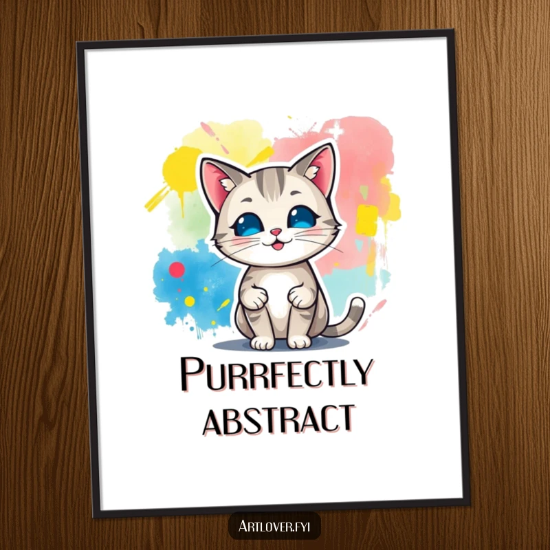 Funny digital art print of a cat character proudly exhibiting a vibrant abstract painting, a humorous and artistic piece for any space.