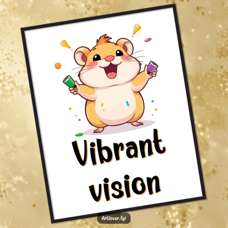 Funny hamster digital art print of an excited hamster character juggling colorful paint tubes. Vibrant and humorous wall decor for instant download.