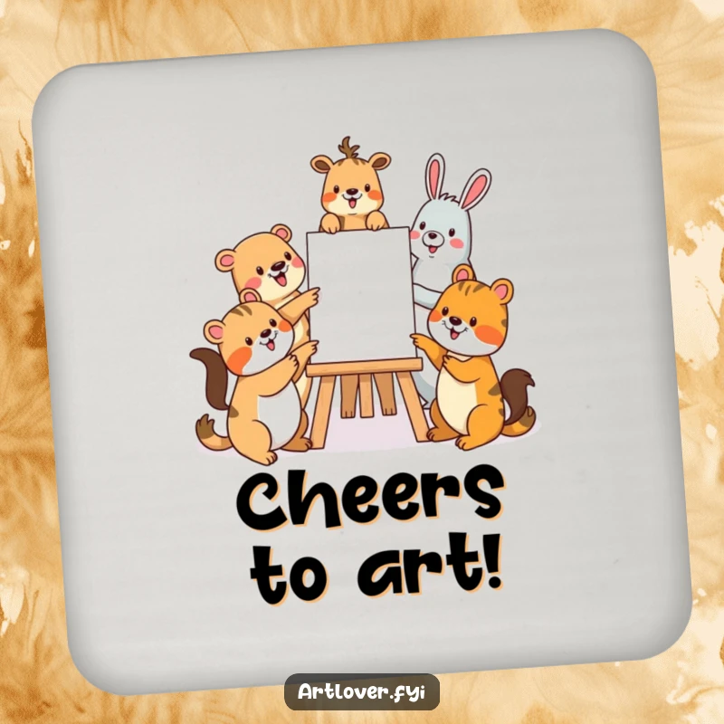 Funny drink coasters featuring a group of animals admiring art at an easel, protecting surfaces with artistic flair.