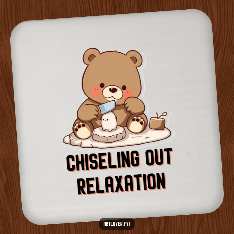 Funny bear skillfully carving a small statue with a chisel, a humorous artisan-themed design on a drink coaster.