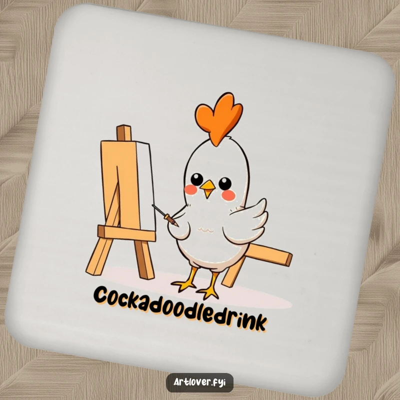 Funny Drink Coaster: A cheerful chicken artist pecking at a canvas, protecting surfaces with a smile, funny art accent, great gift.